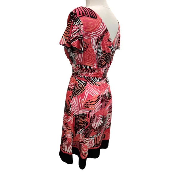 Sandra Darren 14P Petite Tropical Print Wrap Dress Pink Coral V-Neck Flutter - Picture 5 of 12